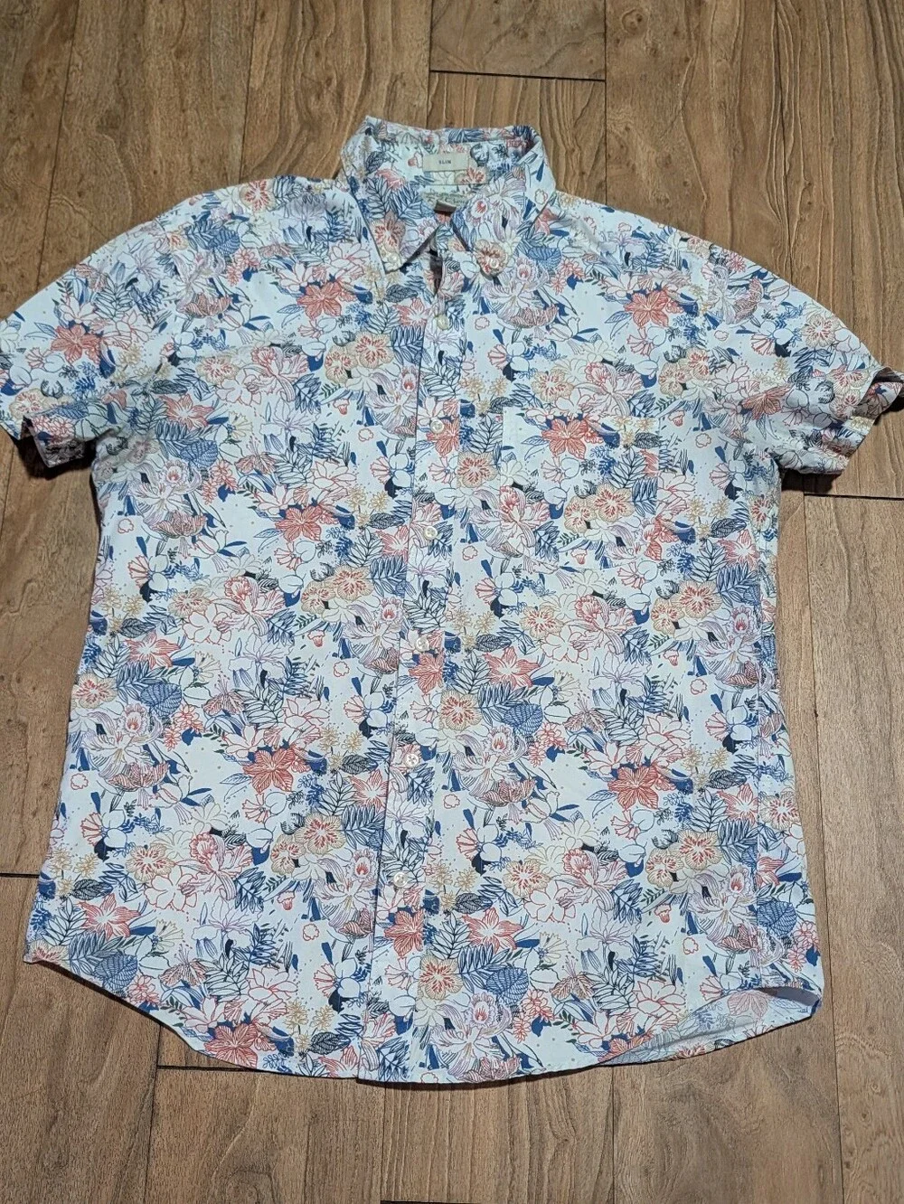 Slim Fit Floral Short-Sleeve White with Blue & Coral Floral